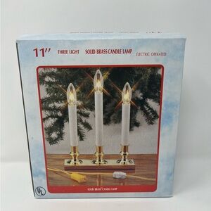 Vintage Three Light 11”Solid Brass Candle Lamp Blue Bulbs Christmas Holiday